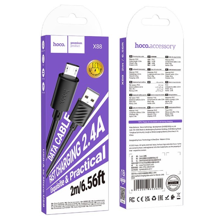 Cable USB A for Micro USB Hoco 2,4A 2 m X88 black