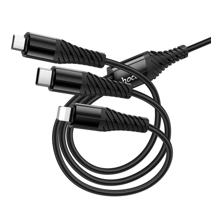 Кабель 3 в 1 USB C / USB A – Lightning + USB C + Micro USB Hoco 1 m X123 черный