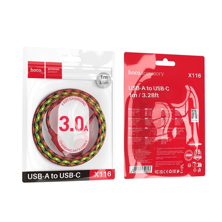 USB-A to USB-C cable Hoco 3A 1 m X116 gradient red