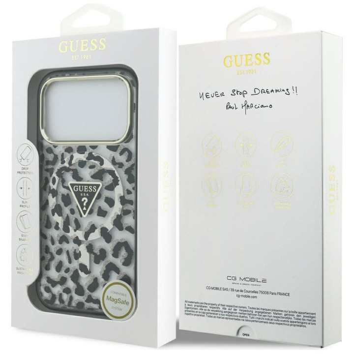 GUESS case for IPHONE 17 Pro compatible with MagSafe GUHMP17LHLEGTGLK (PC TPU W/ Leopard Glitter) black