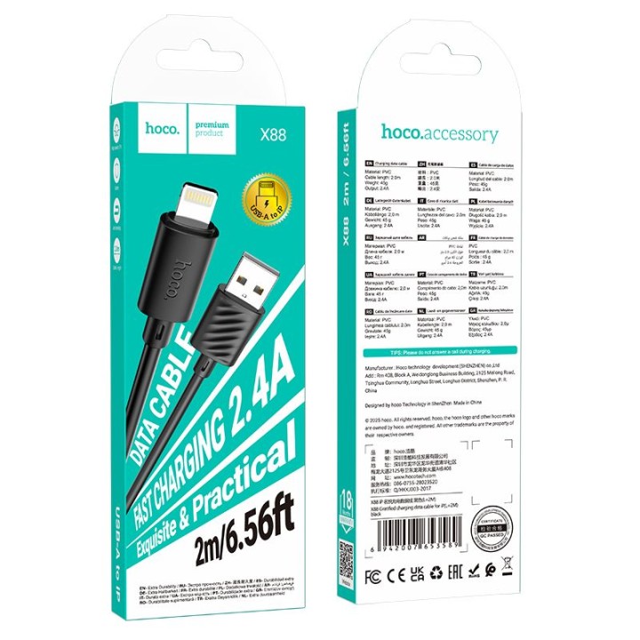Kabel USB A do Lightning Hoco 2,4A 2 m X88 czarny