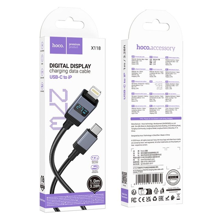 USB-C to Lightning cable Hoco PD 27W with display 1 m X118 black