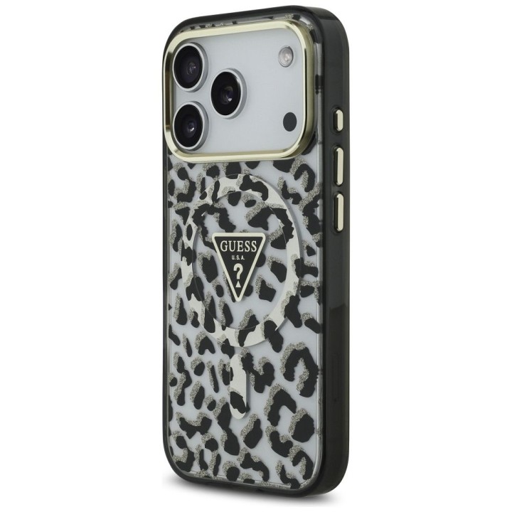 GUESS case for IPHONE 17 Pro compatible with MagSafe GUHMP17LHLEGTGLK (PC TPU W/ Leopard Glitter) black
