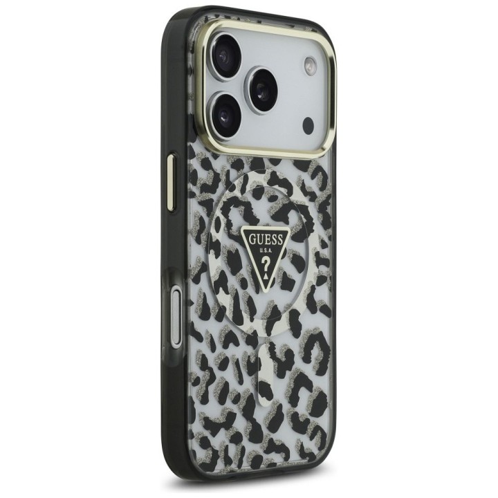 GUESS чехол для IPHONE 17 Pro совместимый с MagSafe GUHMP17LHLEGTGLK (PC TPU W/ Leopard Glitter) черный