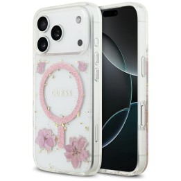 GUESS futerał do IPHONE 17 Pro kompatybilny z MagSafe GUHMP17LRBFGFGMP (Resin Flowers and Glitter) różowy