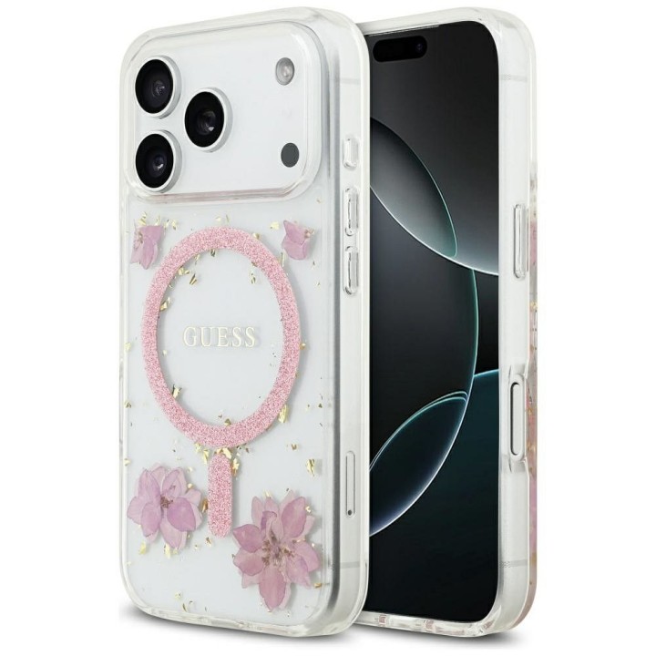 GUESS чохол для IPHONE 17 Pro сумісний з MagSafe GUHMP17LRBFGFGMP (Resin Flowers and Glitter) рожевий
