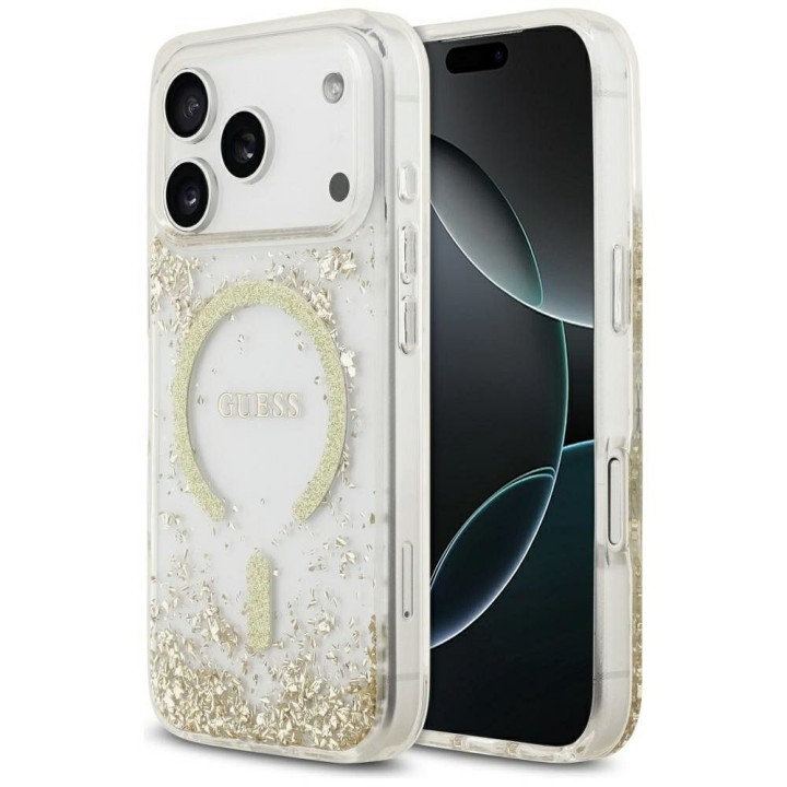 GUESS futerał do IPHONE 17 Pro kompatybilny z MagSafe GUHMP17LRGRGED (Resin Bottom Glitter) złoty