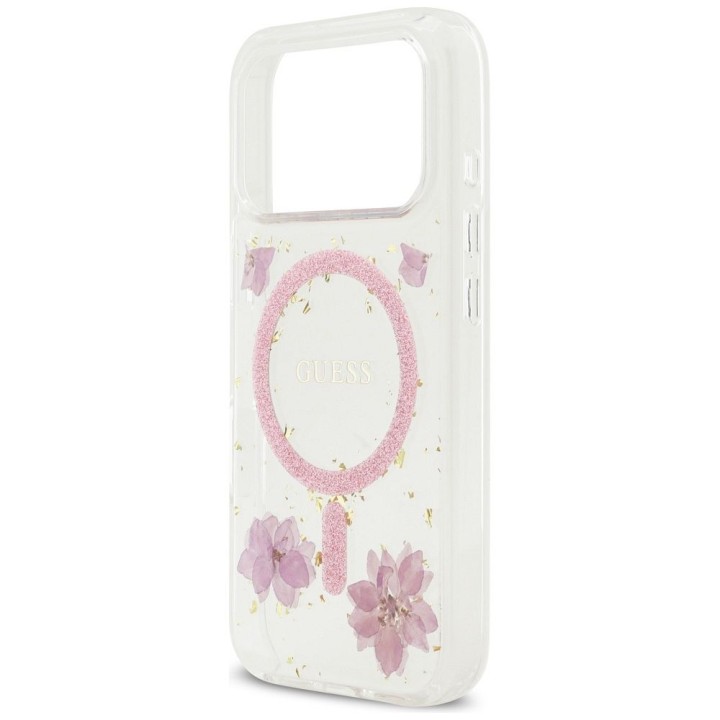 GUESS чехол для IPHONE 17 Pro совместимый с MagSafe GUHMP17LRBFGFGMP (Resin Flowers and Glitter) розовый