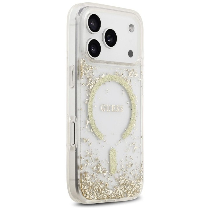 GUESS чехол для IPHONE 17 Pro совместимый с MagSafe GUHMP17LRGRGED (Resin Bottom Glitter) золотой