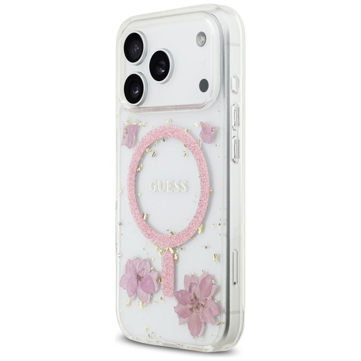 GUESS чехол для IPHONE 17 Pro совместимый с MagSafe GUHMP17LRBFGFGMP (Resin Flowers and Glitter) розовый