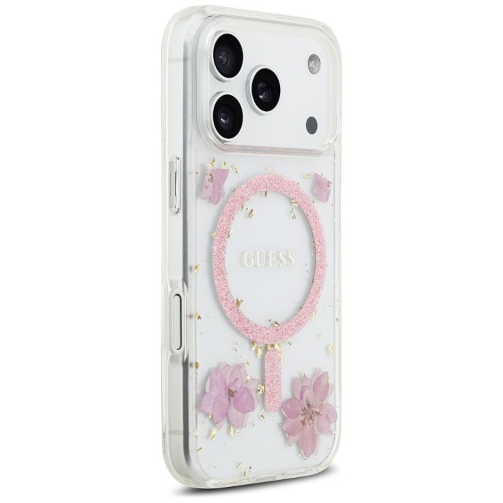 GUESS чехол для IPHONE 17 Pro совместимый с MagSafe GUHMP17LRBFGFGMP (Resin Flowers and Glitter) розовый
