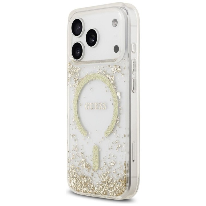 GUESS чехол для IPHONE 17 Pro совместимый с MagSafe GUHMP17LRGRGED (Resin Bottom Glitter) золотой