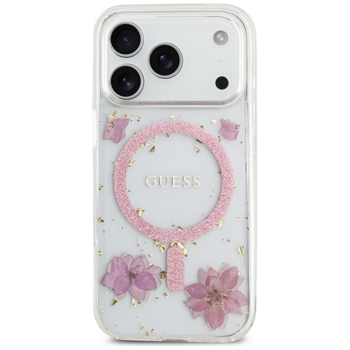 GUESS чохол для IPHONE 17 Pro сумісний з MagSafe GUHMP17LRBFGFGMP (Resin Flowers and Glitter) рожевий