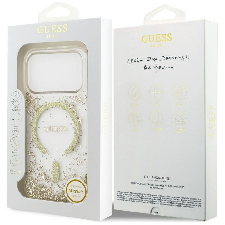 GUESS чехол для IPHONE 17 Pro совместимый с MagSafe GUHMP17LRGRGED (Resin Bottom Glitter) золотой