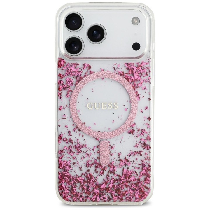 GUESS чехол для IPHONE 17 Pro Max совместимый с MagSafe GUHMP17XRGRGEP (Resin Bottom Glitter) розовый