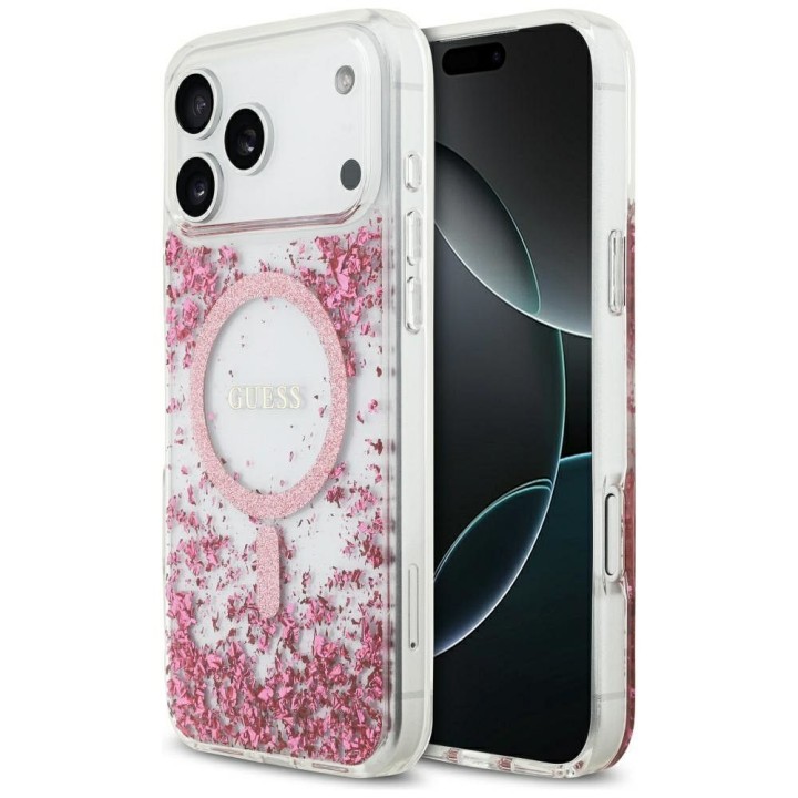 GUESS чехол для IPHONE 17 Pro Max совместимый с MagSafe GUHMP17XRGRGEP (Resin Bottom Glitter) розовый