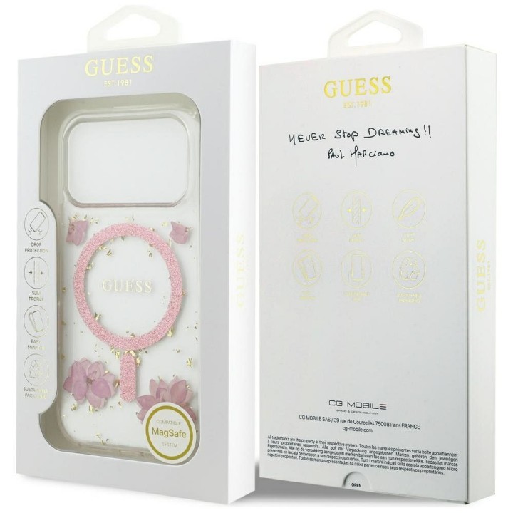 GUESS чехол для IPHONE 17 Pro совместимый с MagSafe GUHMP17LRBFGFGMP (Resin Flowers and Glitter) розовый
