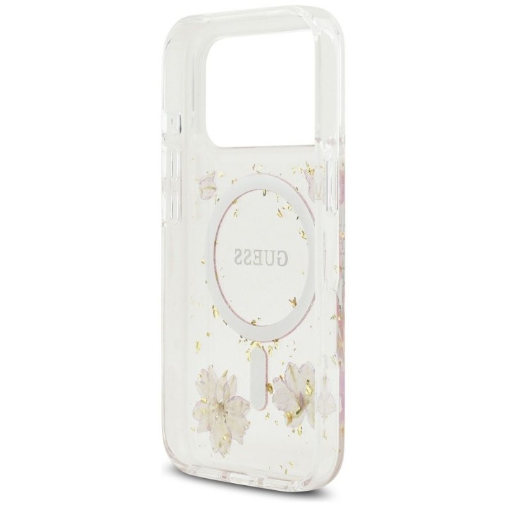 GUESS чехол для IPHONE 17 Pro совместимый с MagSafe GUHMP17LRBFGFGMP (Resin Flowers and Glitter) розовый