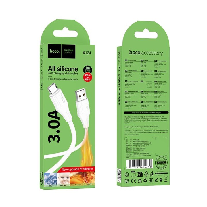USB-A to USB-C cable Hoco 3A silicone 1 m X124 white