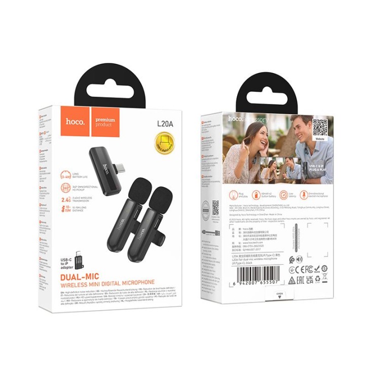 Dual wireless microphone Lightning / USB C Hoco L20A black