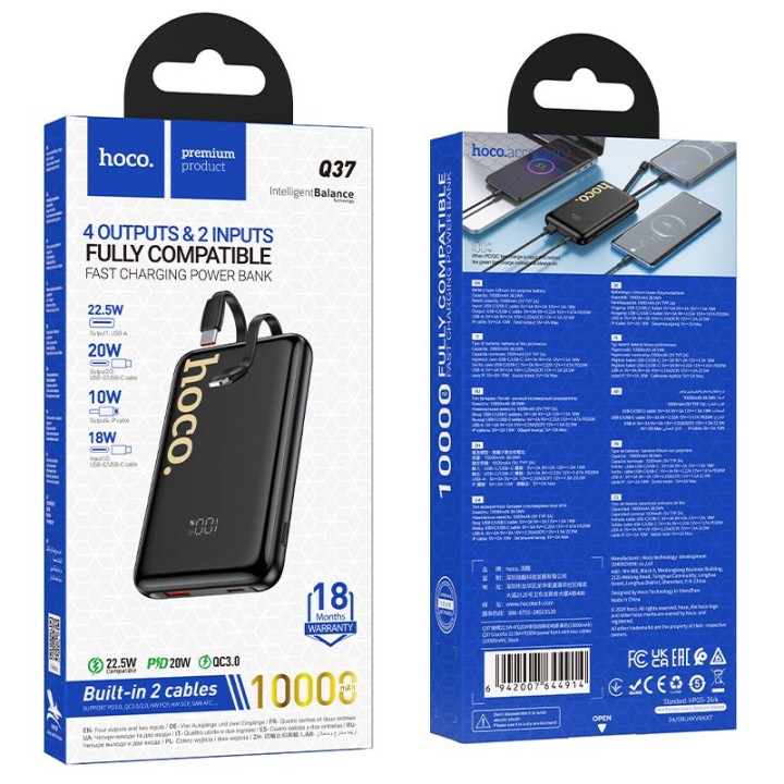 Повербанк Hoco 10000 mAh QC PD 22,5W із вбудованими кабелями USB C + Lightning Q37 чорний