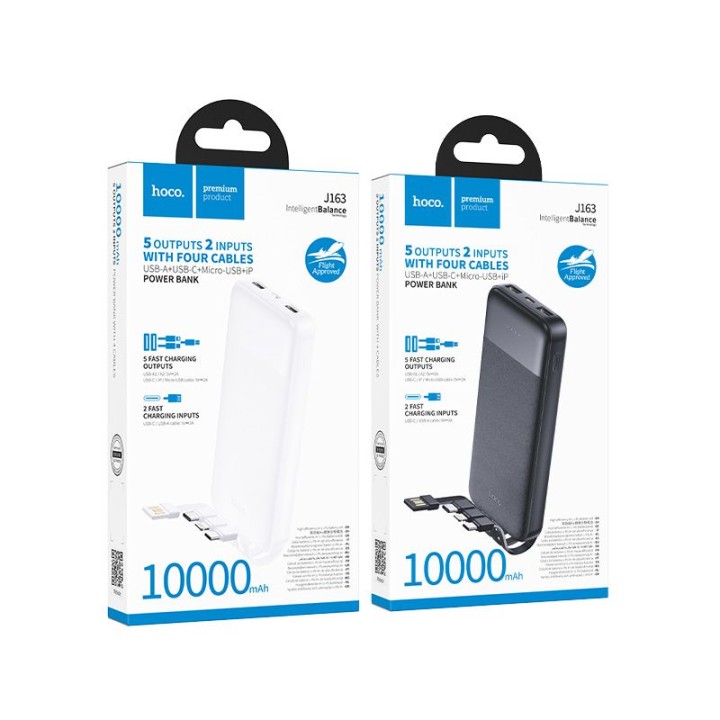 Power bank Hoco 10000 mAh 2A with four built-in cables USB A + USB C+ Lightning + Micro USB J163 black