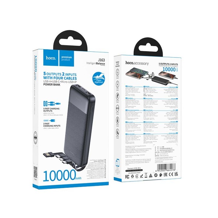 Повербанк Hoco 10000 mAh 2A з чотирма вбудованими кабелями USB A + USB C+ Lightning + Micro USB J163 чорний