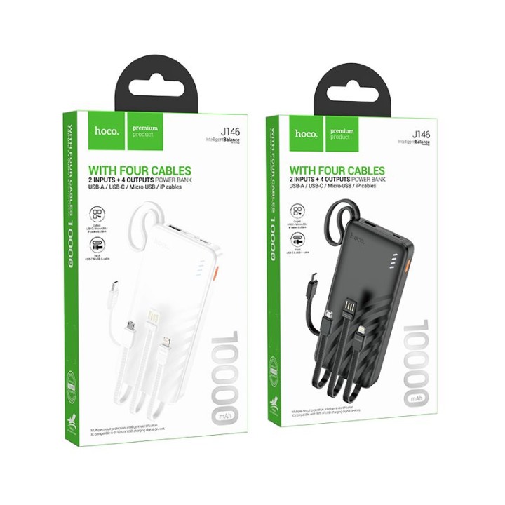 Powerbank Hoco 10000 mAh 2A z czterema wbudowanymi kablami USB A + USB C+ Lightning + Micro USB J146 czarny