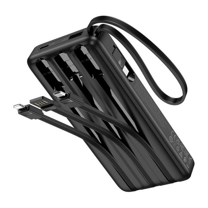 Повербанк Hoco 10000 mAh 2A с четырьмя встроенными кабелями USB A + USB C+ Lightning + Micro USB J146 черный