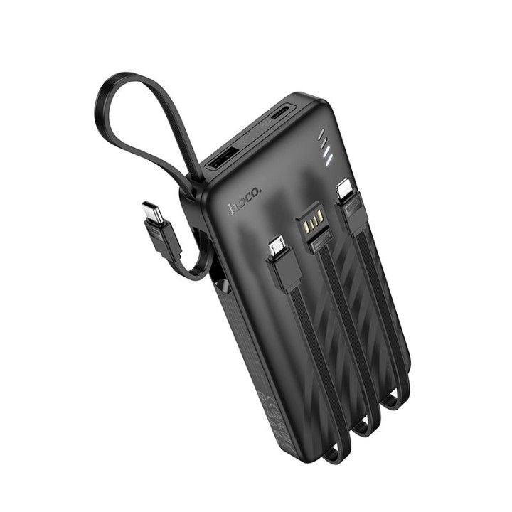 Повербанк Hoco 10000 mAh 2A с четырьмя встроенными кабелями USB A + USB C+ Lightning + Micro USB J146 черный