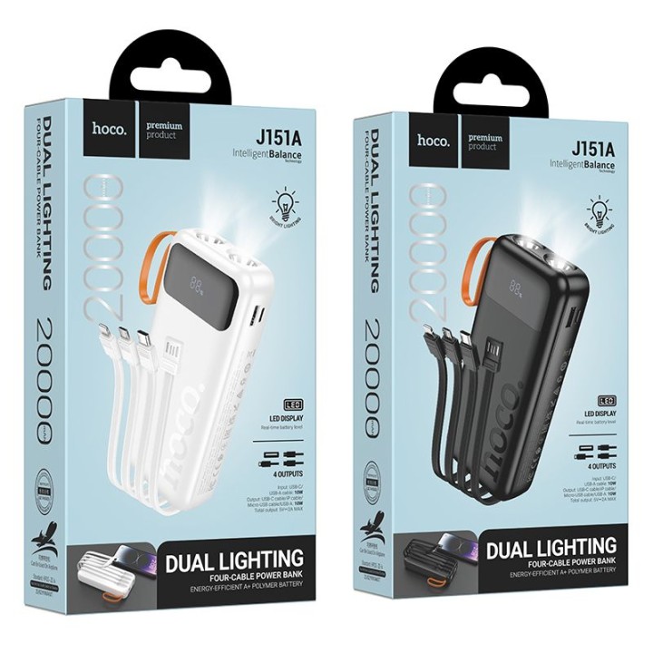 Power bank Hoco 20000 mAh 2A with built-in cables USB A + USB C + Lightning + Micro USB and dual flashlight J151A black