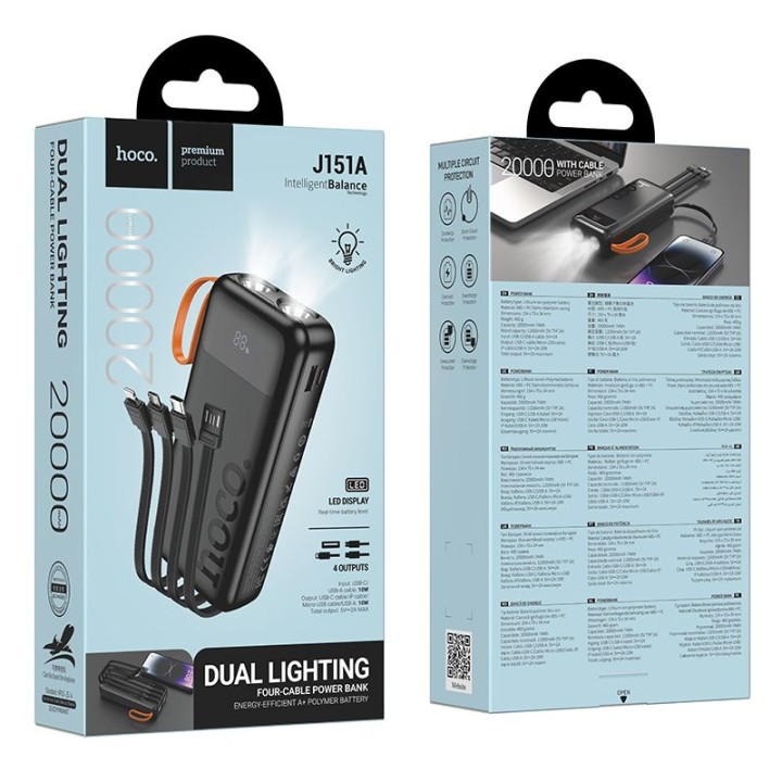 Power bank Hoco 20000 mAh 2A with built-in cables USB A + USB C + Lightning + Micro USB and dual flashlight J151A black