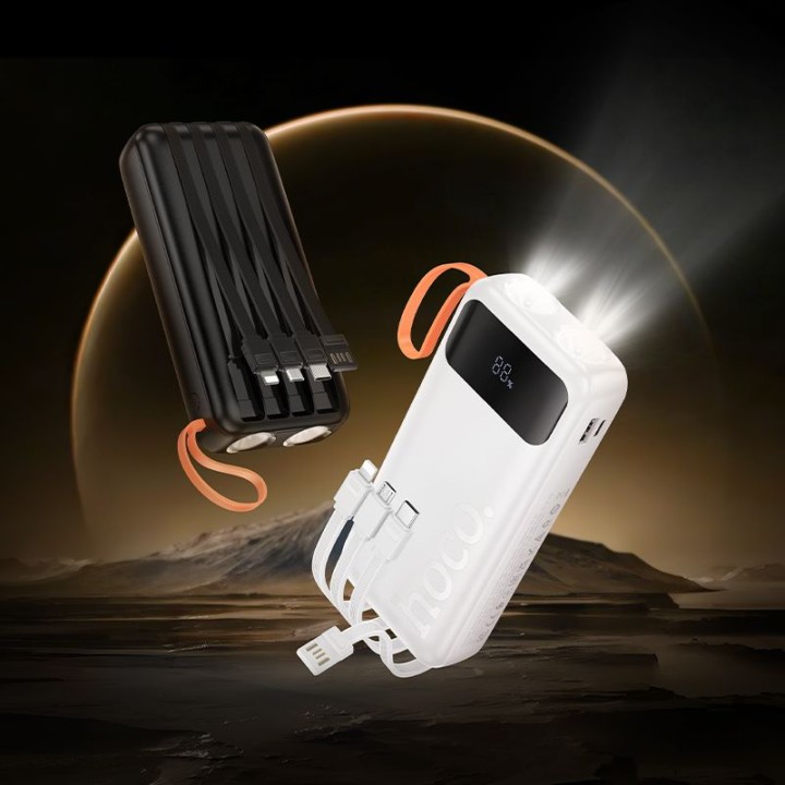 Power bank Hoco 20000 mAh 2A with built-in cables USB A + USB C + Lightning + Micro USB and dual flashlight J151A black