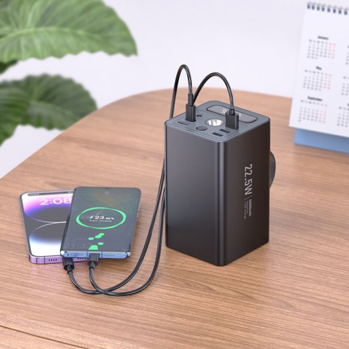 Powerbank Hoco 60000 mAh QC PD 3A 22,5W DC12V z wbudowaną latarką J138 czarny