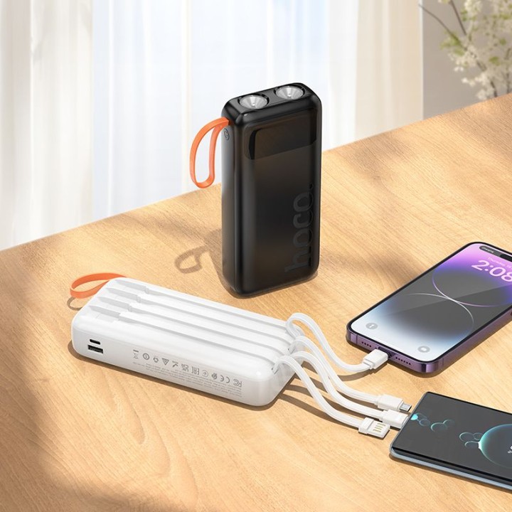 Power bank Hoco 20000 mAh 2A with built-in cables USB A + USB C + Lightning + Micro USB and dual flashlight J151A black