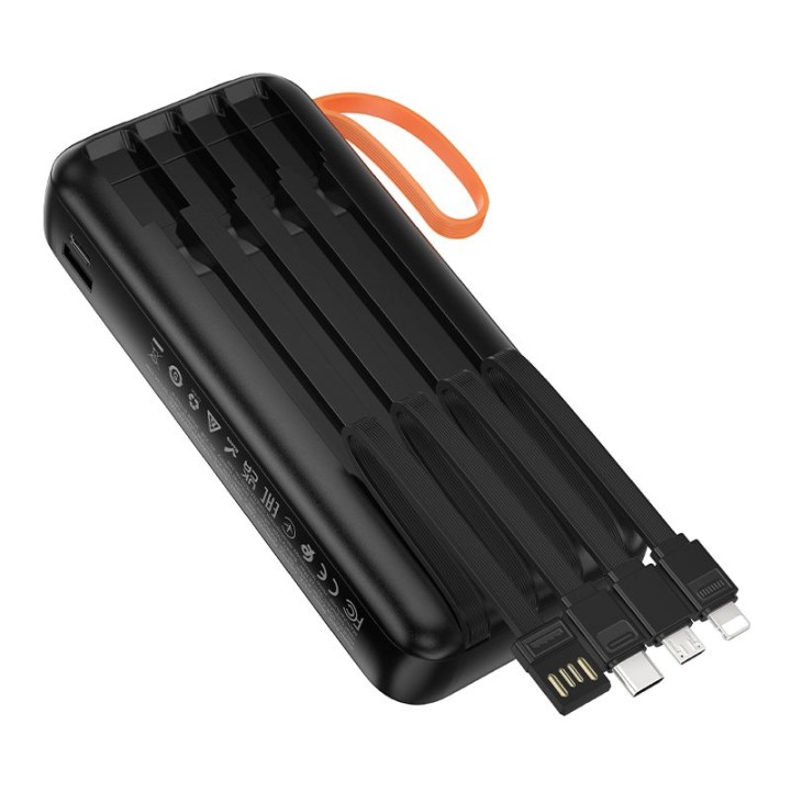 Power bank Hoco 20000 mAh 2A with built-in cables USB A + USB C + Lightning + Micro USB and dual flashlight J151A black