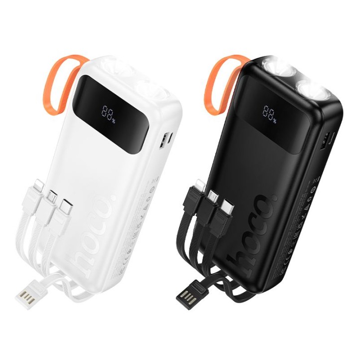 Повербанк Hoco 20000 mAh 2A із вбудованими кабелями USB A + USB C + Lightning + Micro USB та подвійним ліхтариком J151A чорний