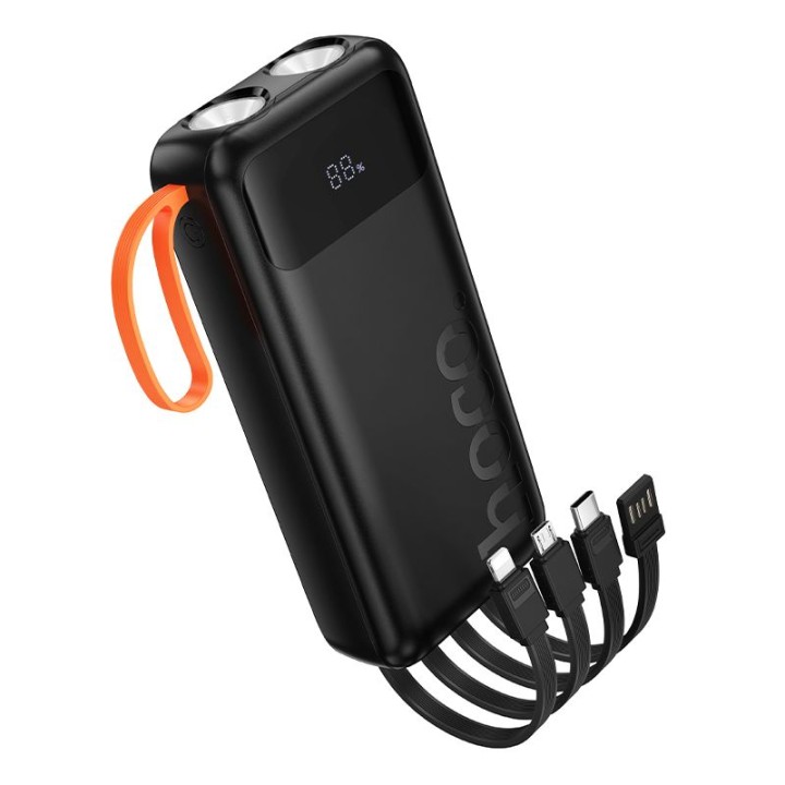Повербанк Hoco 20000 mAh 2A із вбудованими кабелями USB A + USB C + Lightning + Micro USB та подвійним ліхтариком J151A чорний
