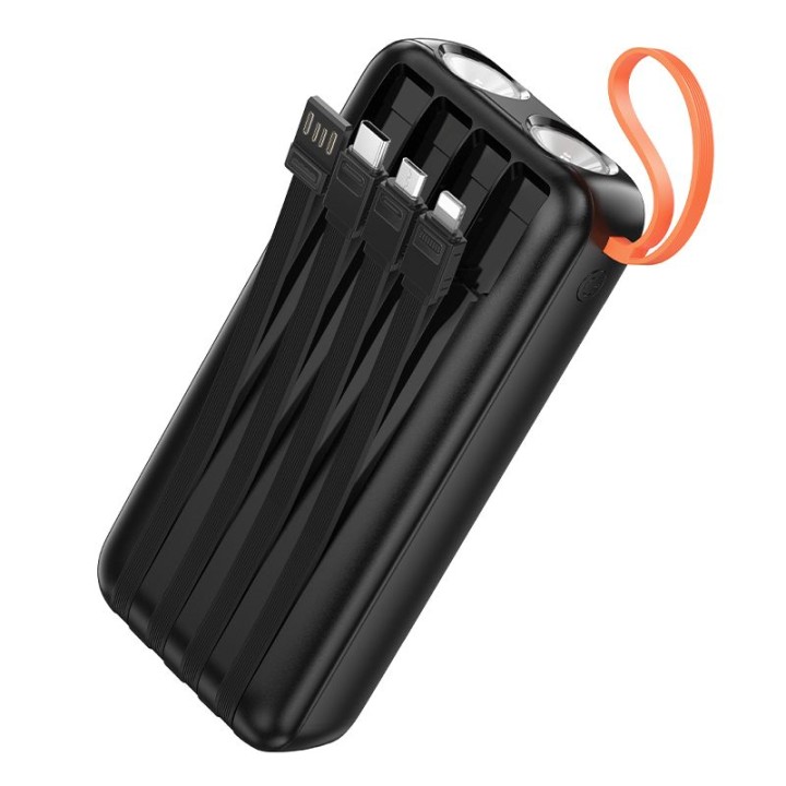 Power bank Hoco 20000 mAh 2A with built-in cables USB A + USB C + Lightning + Micro USB and dual flashlight J151A black