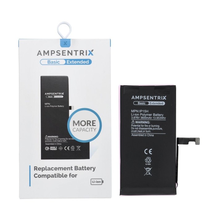 AmpSentrix Basic аккумулятор для iPhone 15 (повышенная емкость 3600 mAh)