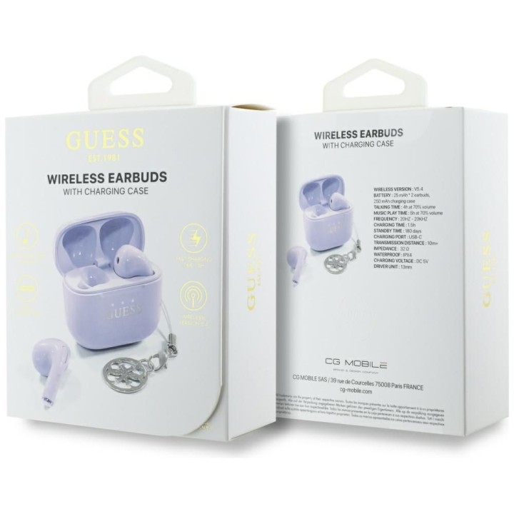 Wireless in-ear headphones Guess TWS Effect Printed Classic Logo & Charm lavender