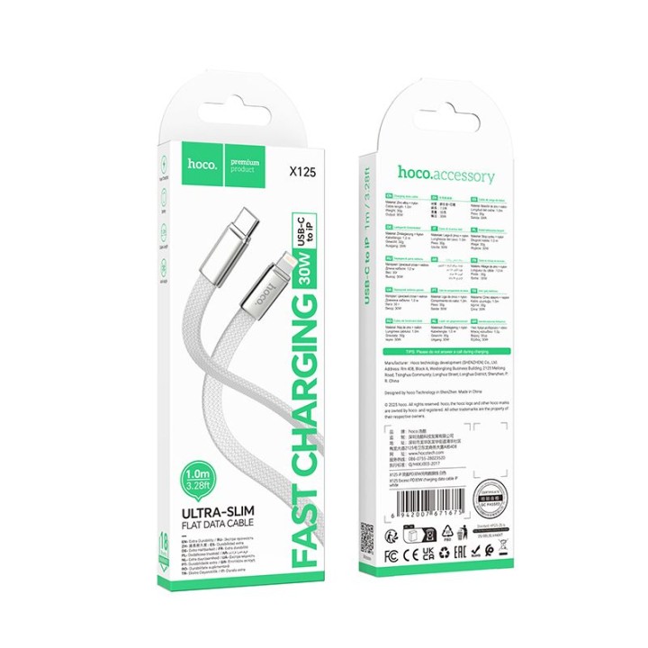USB-C to Lightning cable Hoco PD 30W 1 m flat X125 white