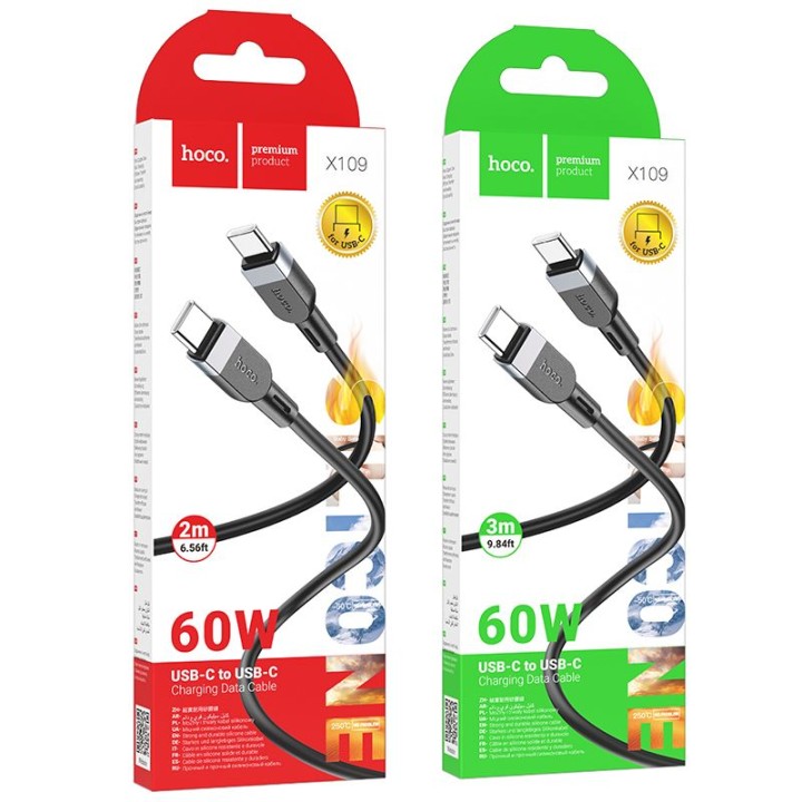 Kabel USB C do USB C Hoco 3A 60W Silikonowy 2 m X109 czarny