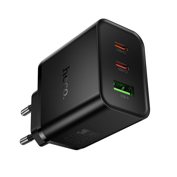 Wall charger for phone Hoco 2x USB C + USB A QC3.0 PD 3A 65W N75 black
