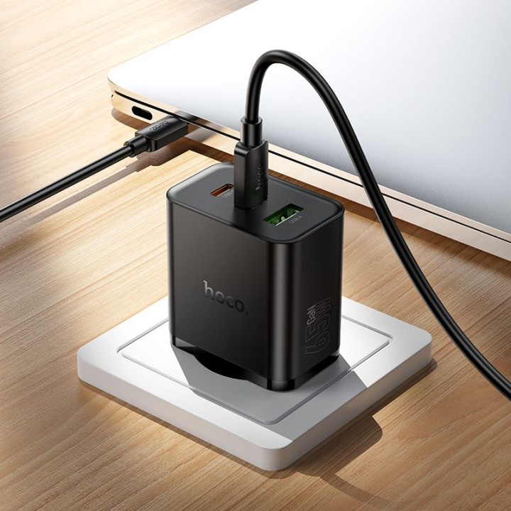 Wall charger for phone Hoco 2x USB C + USB A QC3.0 PD 3A 65W N75 black