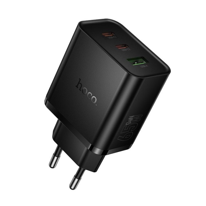 Wall charger for phone Hoco 2x USB C + USB A QC3.0 PD 3A 65W N75 black