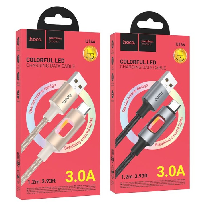 Кабель USB со светодиодами LED USB A – USB C Hoco 3A 1,2 m U144 черный