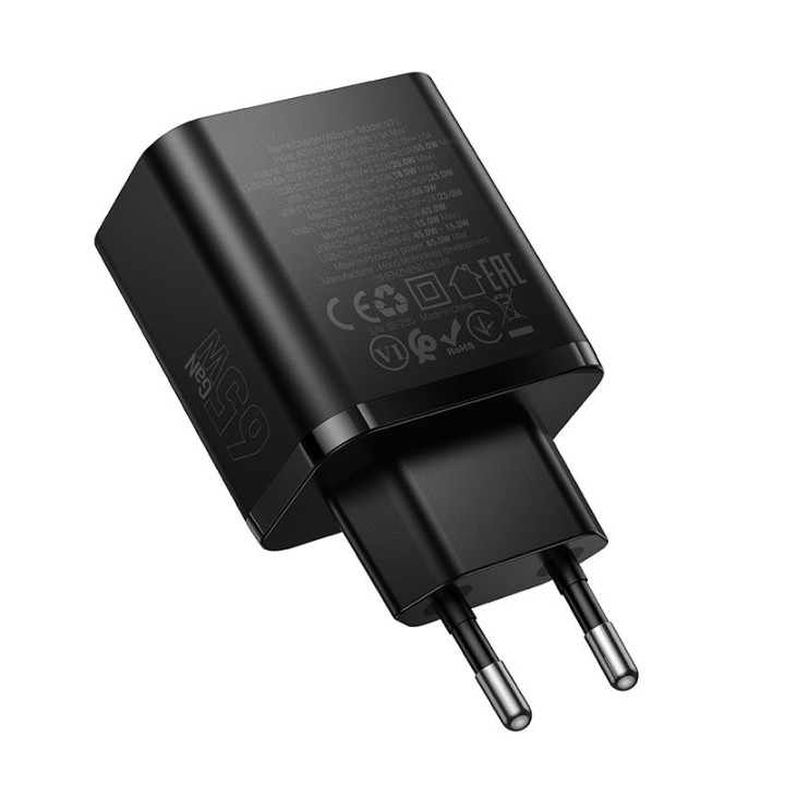 Wall charger for phone Hoco 2x USB C + USB A QC3.0 PD 3A 65W N75 black