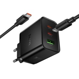 Сетевое зарядное устройство для телефона Hoco 2x USB C + USB A QC3.0 PD 3A 65W + кабель USB-C – USB-C N75 черное