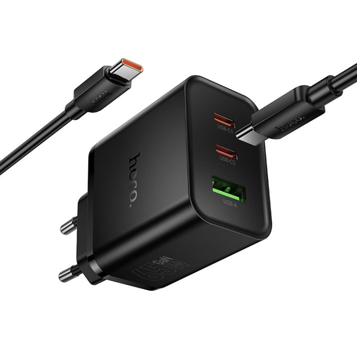 Сетевое зарядное устройство для телефона Hoco 2x USB C + USB A QC3.0 PD 3A 65W + кабель USB-C – USB-C N75 черное